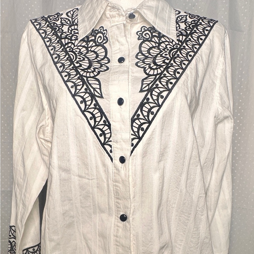 Bob Mackie White Shirt with Black Embroidery
